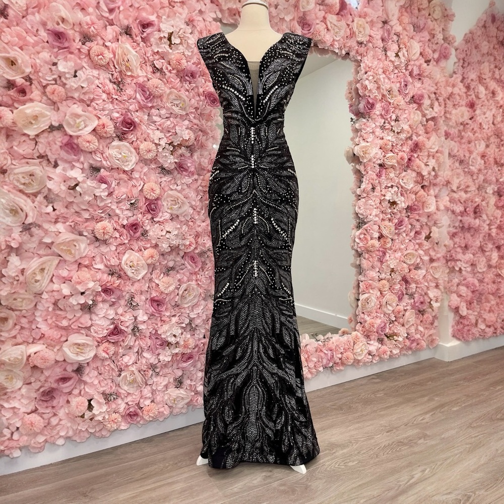 Black Sequin Maxi Gown with Plunge Neckline